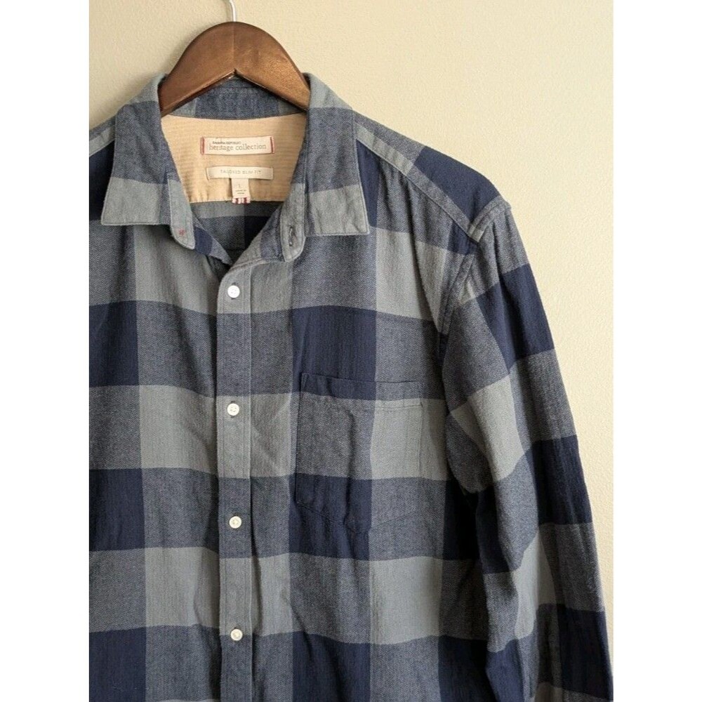 Banana Republic Heritage Mens Large Blue Gray Flannel Shirt Slim Fit Check Plaid